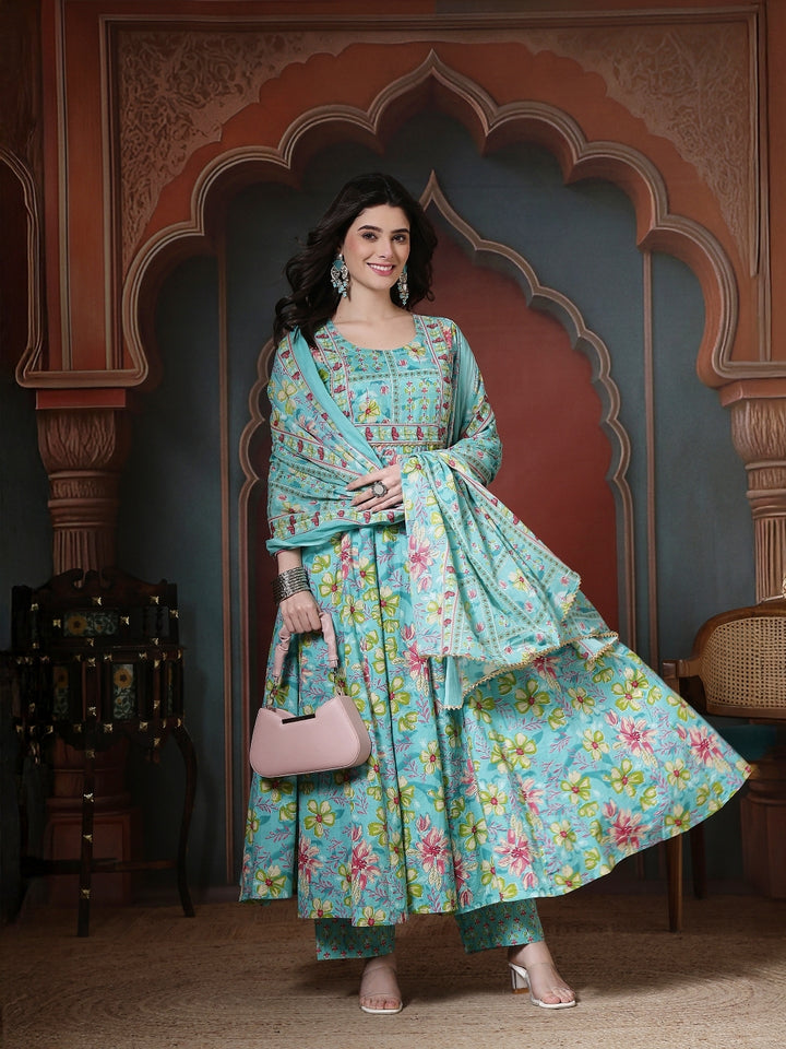 Cotton Printed Calf Length Round Neck Anarkali Kurta, Palazzo With Dupatta Set