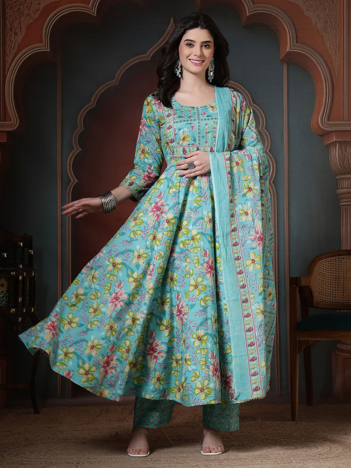 Cotton Printed Calf Length Round Neck Anarkali Kurta, Palazzo With Dupatta Set