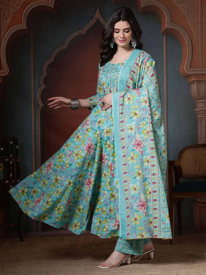 Cotton Printed Calf Length Round Neck Anarkali Kurta, Palazzo With Dupatta Set