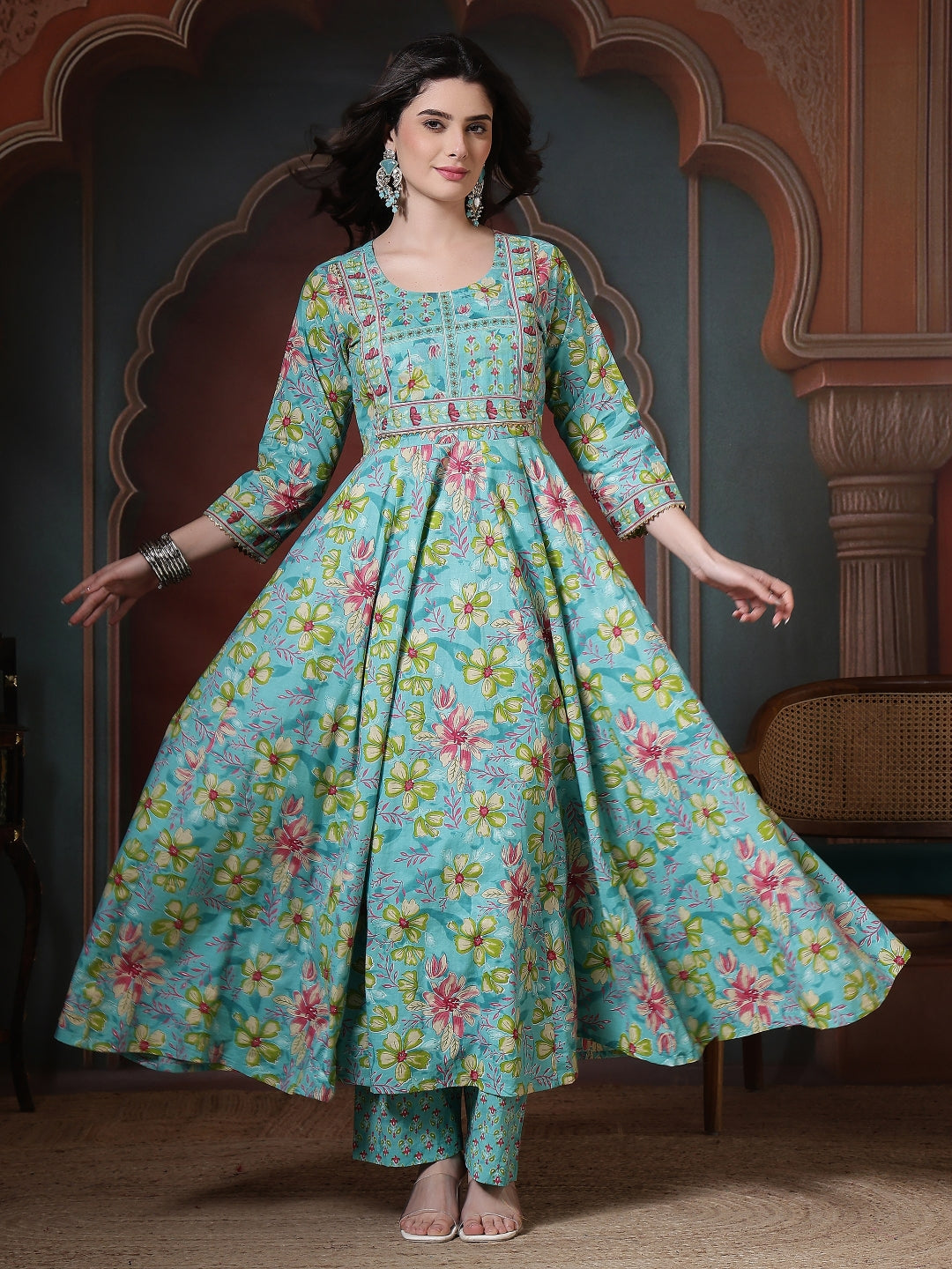 Cotton Printed Calf Length Round Neck Anarkali Kurta, Palazzo With Dupatta Set