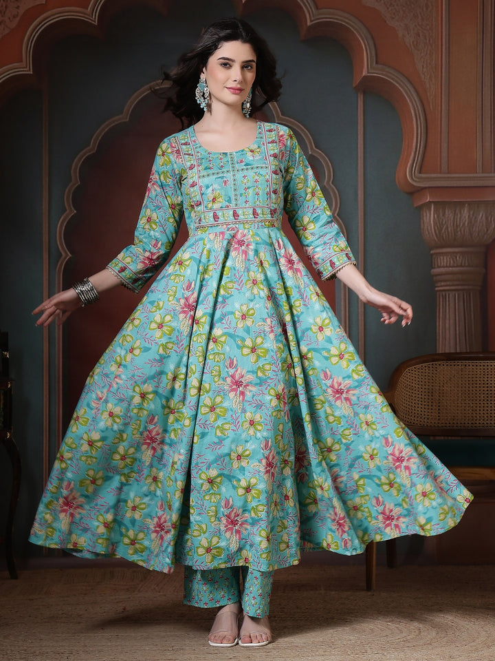 Cotton Printed Calf Length Round Neck Anarkali Kurta, Palazzo With Dupatta Set
