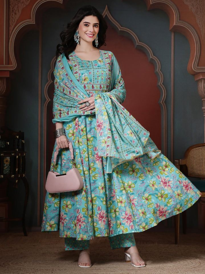Cotton Printed Calf Length Round Neck Anarkali Kurta, Palazzo With Dupatta Set