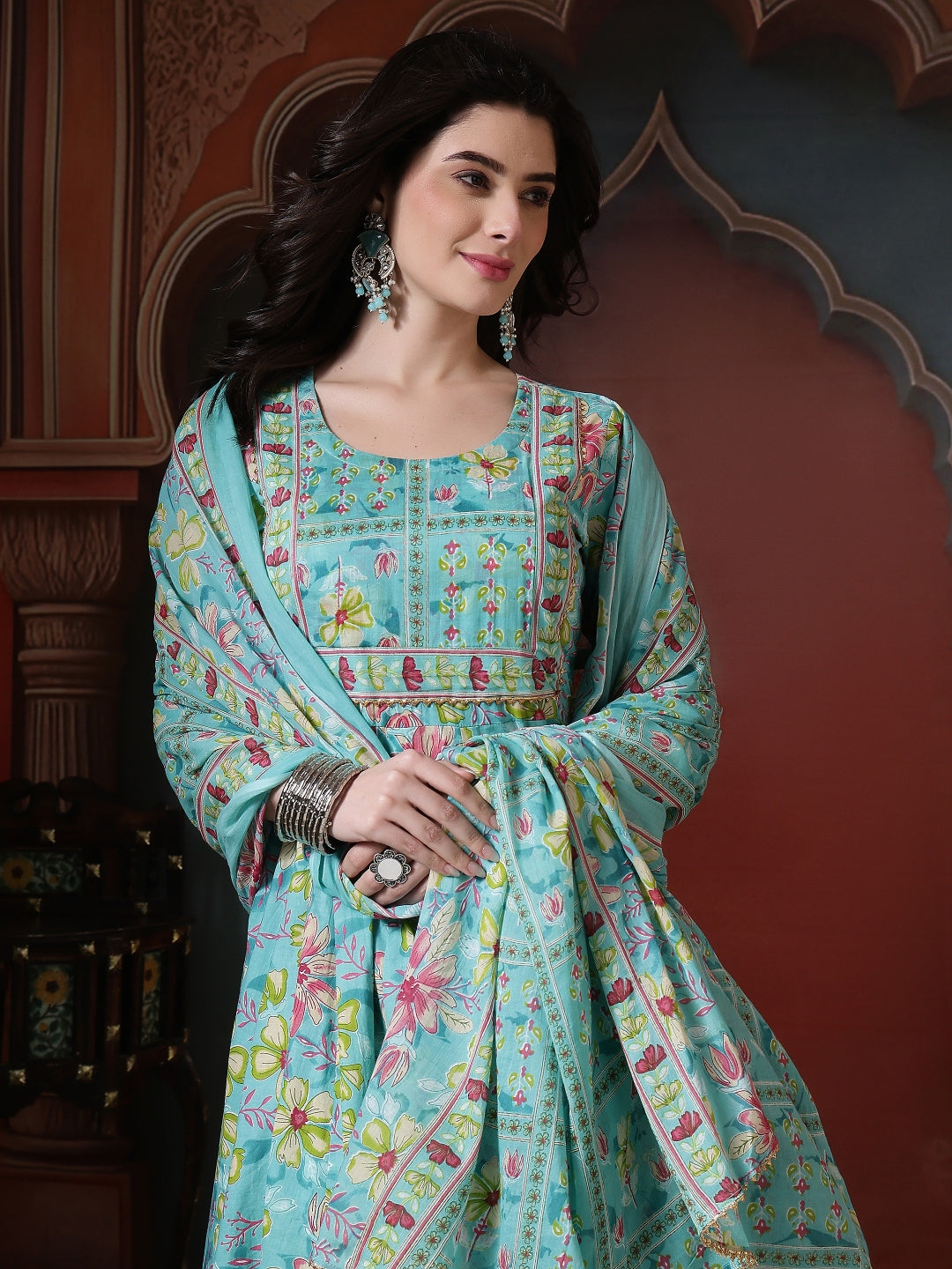 Cotton Printed Calf Length Round Neck Anarkali Kurta, Palazzo With Dupatta Set