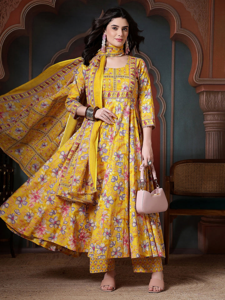 Cotton Printed Calf Length Round Neck Anarkali Kurta, Palazzo With Dupatta Set
