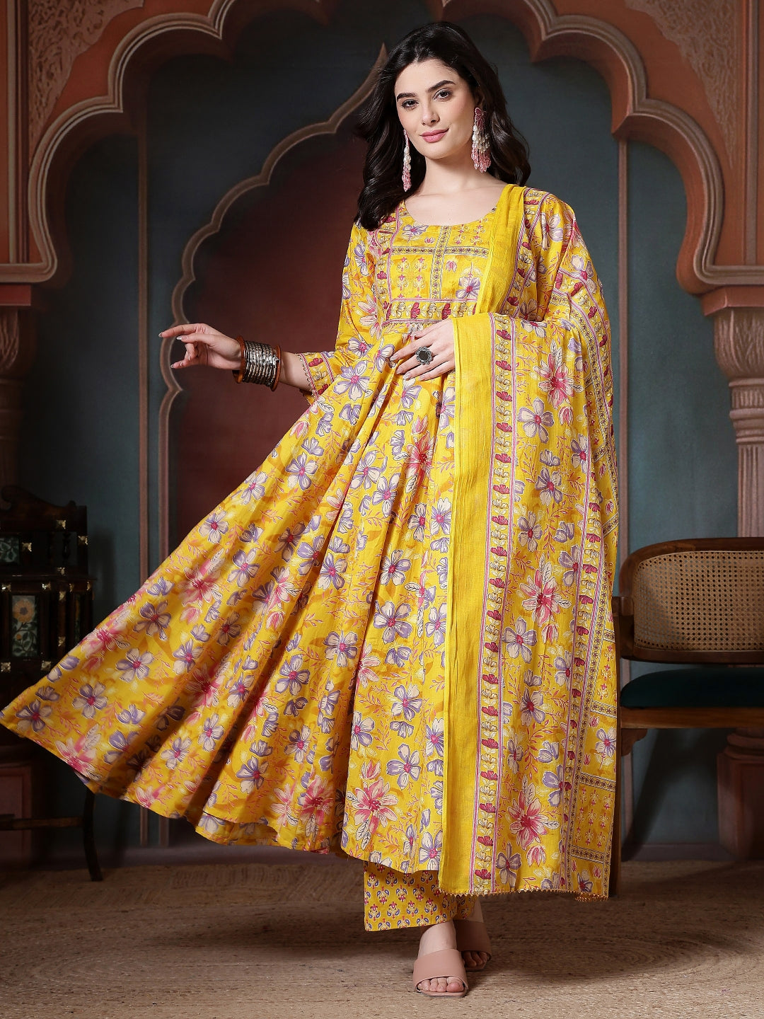 Cotton Printed Calf Length Round Neck Anarkali Kurta, Palazzo With Dupatta Set