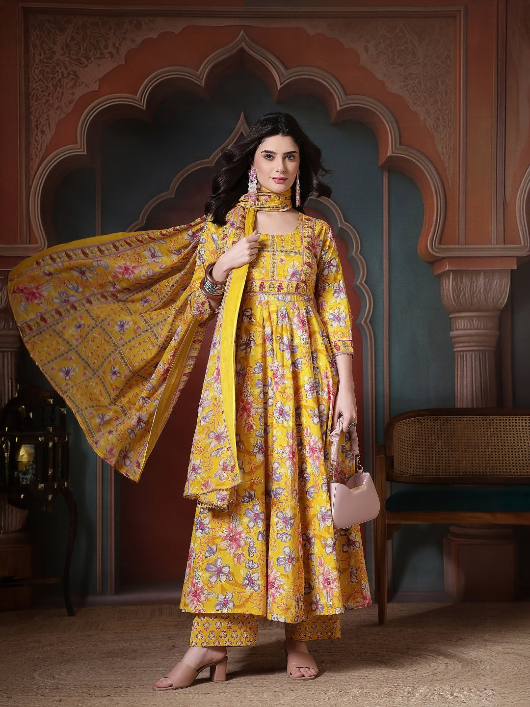 Cotton Printed Calf Length Round Neck Anarkali Kurta, Palazzo With Dupatta Set