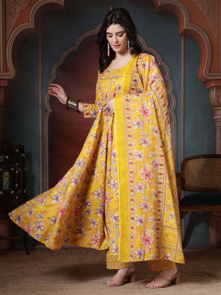 Cotton Printed Calf Length Round Neck Anarkali Kurta, Palazzo With Dupatta Set
