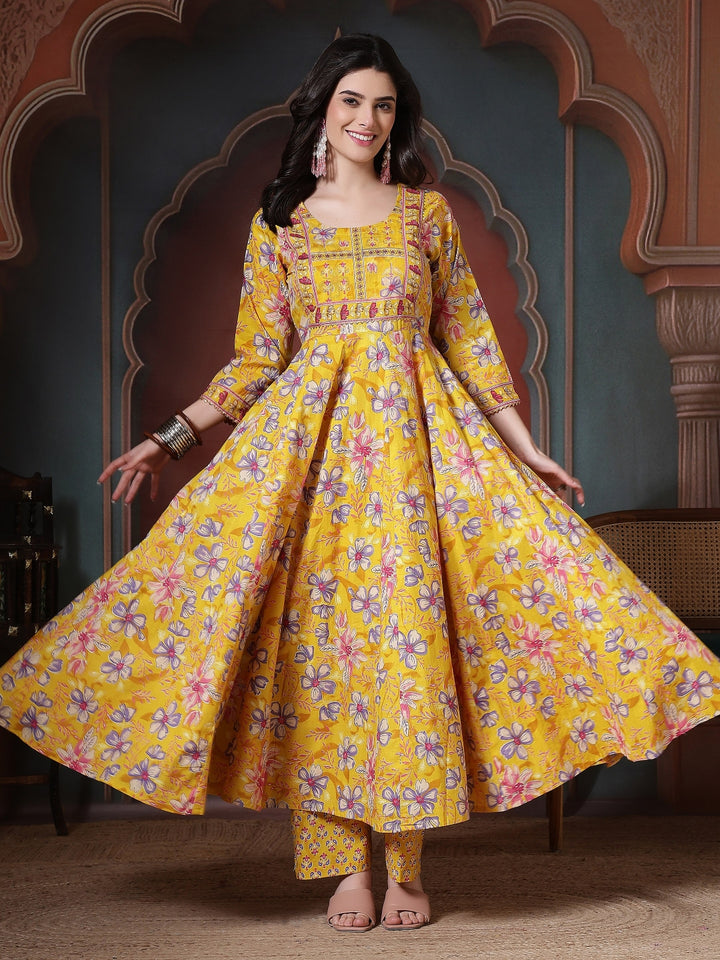 Cotton Printed Calf Length Round Neck Anarkali Kurta, Palazzo With Dupatta Set
