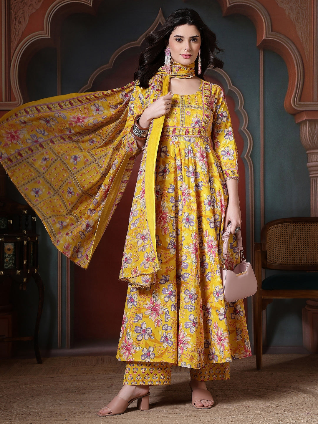 Cotton Printed Calf Length Round Neck Anarkali Kurta, Palazzo With Dupatta Set