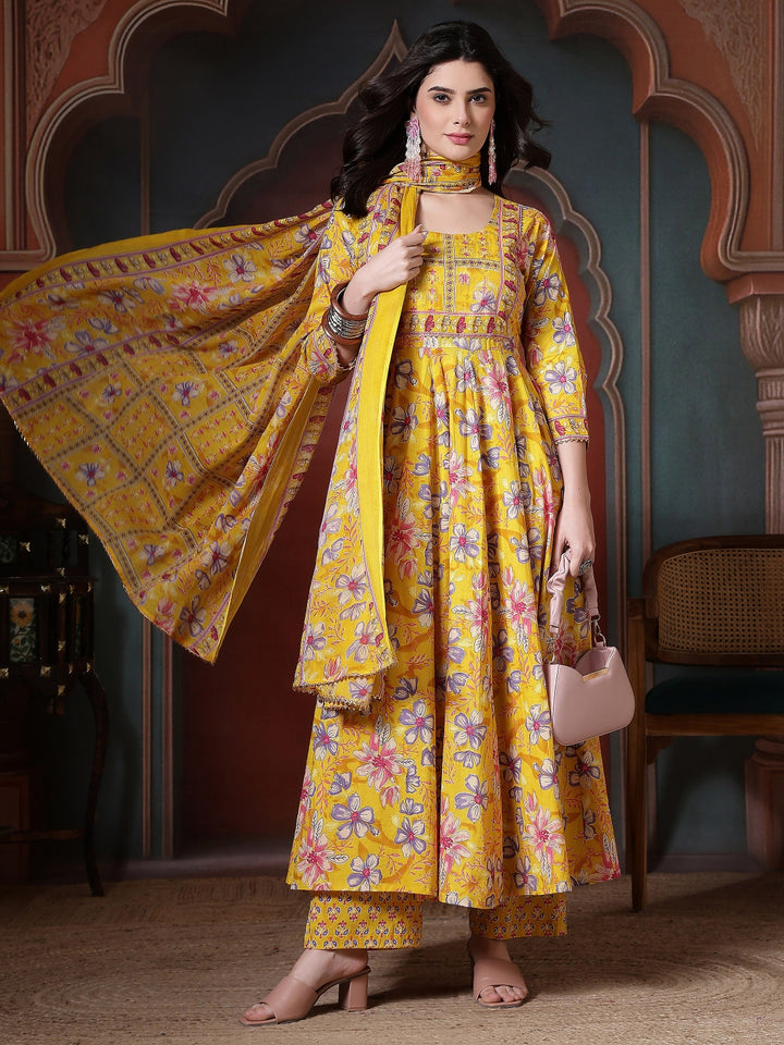 Cotton Printed Calf Length Round Neck Anarkali Kurta, Palazzo With Dupatta Set
