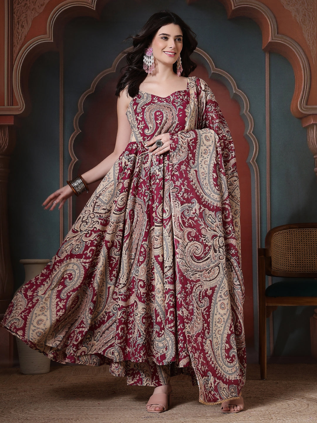 Cotton Printed Calf Length Round Neck Anarkali Kurta, Palazzo With Dupatta Set