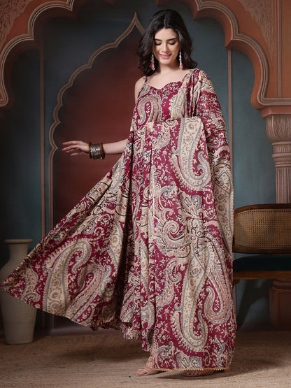 Cotton Printed Calf Length Round Neck Anarkali Kurta, Palazzo With Dupatta Set