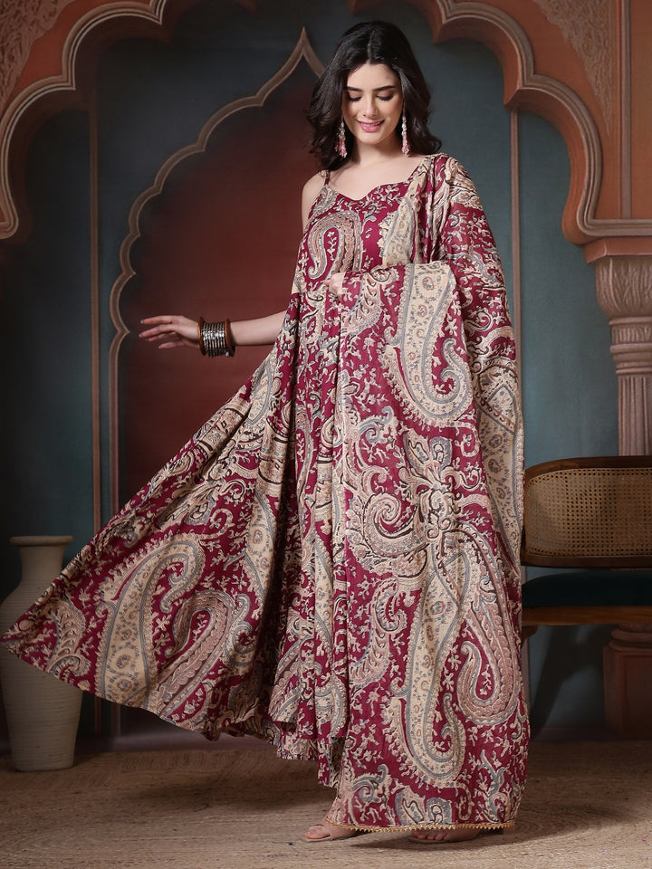 Cotton Printed Calf Length Round Neck Anarkali Kurta, Palazzo With Dupatta Set