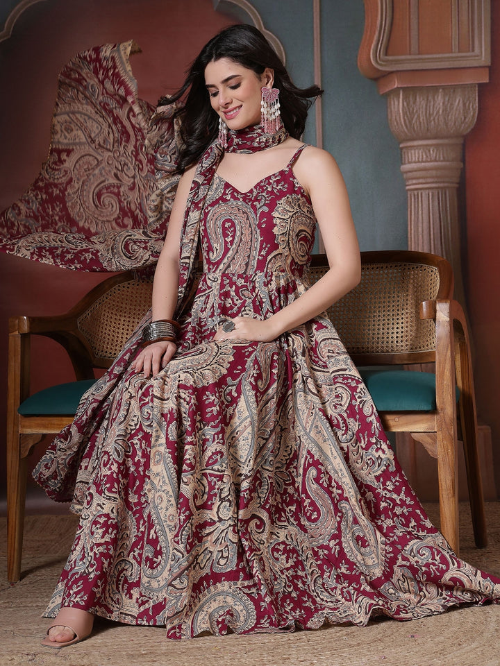 Cotton Printed Calf Length Round Neck Anarkali Kurta, Palazzo With Dupatta Set