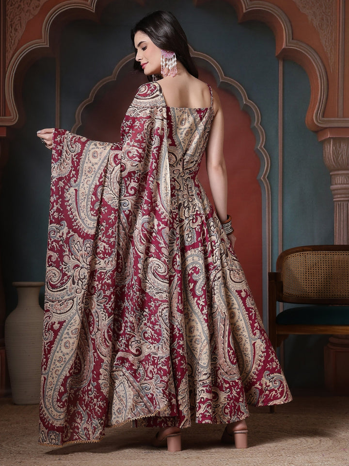 Cotton Printed Calf Length Round Neck Anarkali Kurta, Palazzo With Dupatta Set