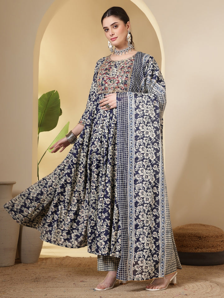 Cotton Printed Embroidered Calf Length Round Neck Anarkali Kurta, Palazzo With Dupatta Set