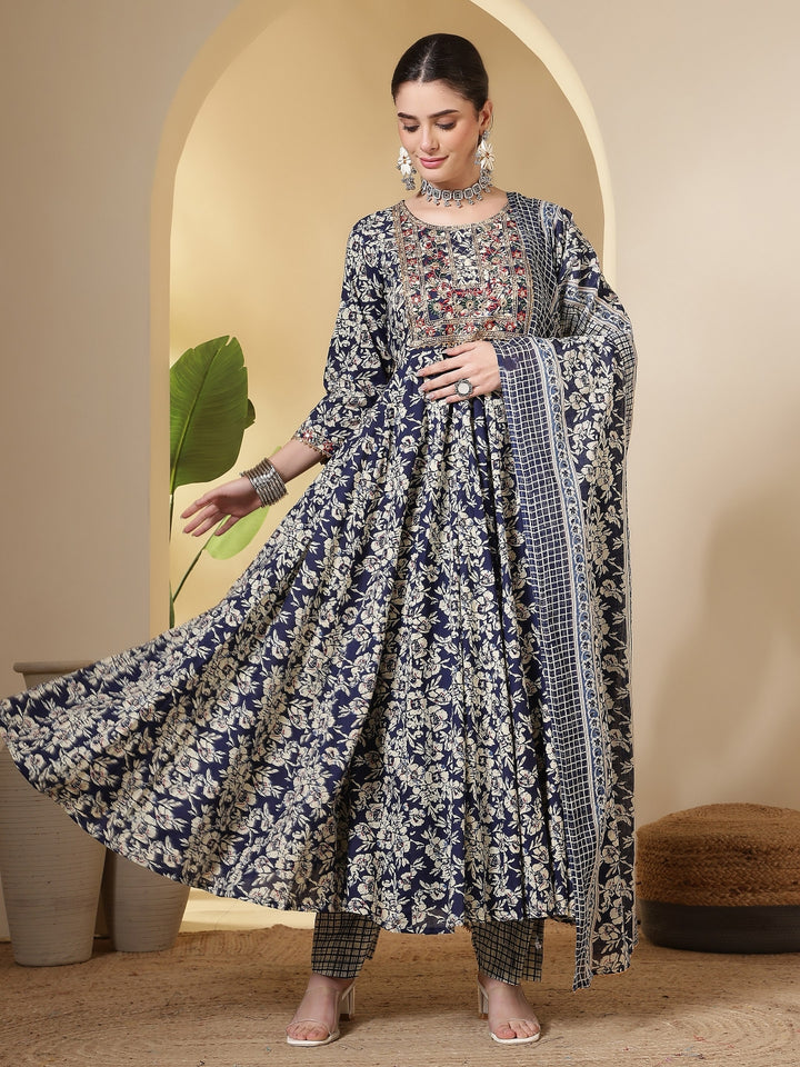 Cotton Printed Embroidered Calf Length Round Neck Anarkali Kurta, Palazzo With Dupatta Set