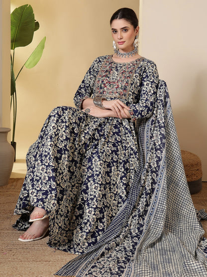 Cotton Printed Embroidered Calf Length Round Neck Anarkali Kurta, Palazzo With Dupatta Set