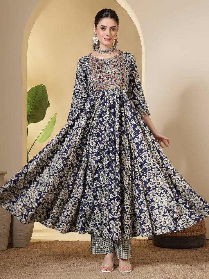 Cotton Printed Embroidered Calf Length Round Neck Anarkali Kurta, Palazzo With Dupatta Set
