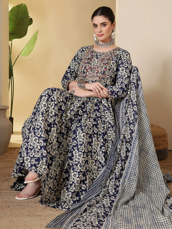 Cotton Printed Embroidered Calf Length Round Neck Anarkali Kurta, Palazzo With Dupatta Set
