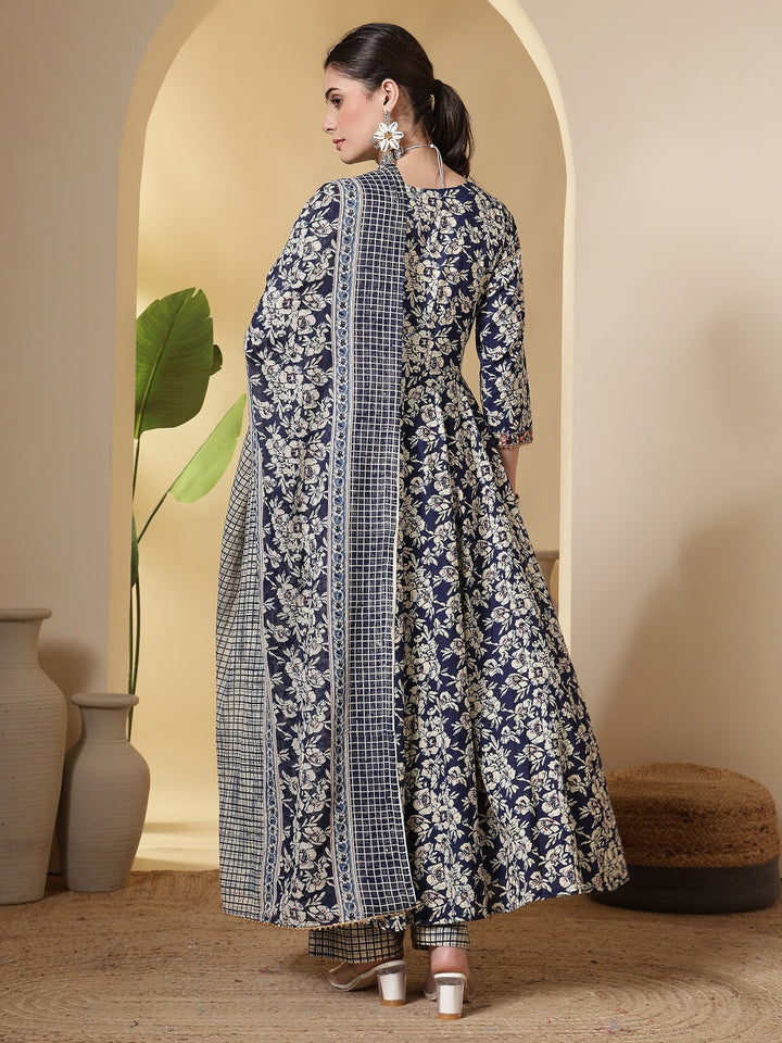 Cotton Printed Embroidered Calf Length Round Neck Anarkali Kurta, Palazzo With Dupatta Set