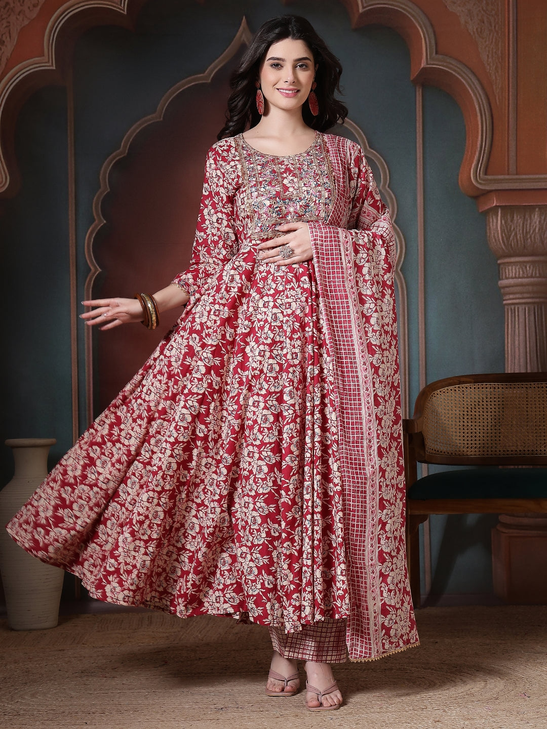 Cotton Printed Embroidered Calf Length Round Neck Anarkali Kurta, Palazzo With Dupatta Set