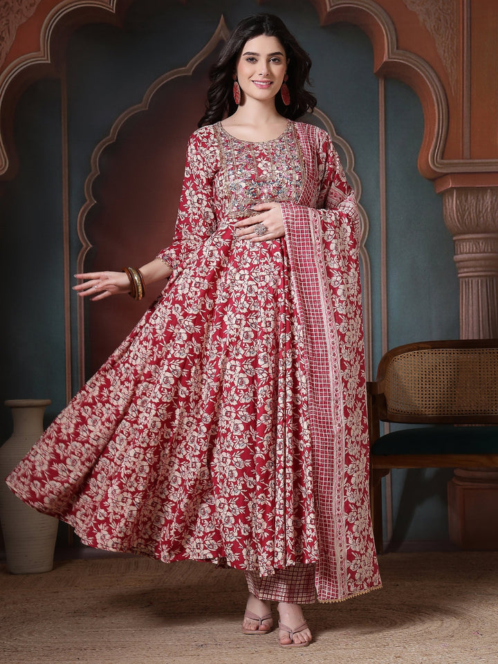 Cotton Printed Embroidered Calf Length Round Neck Anarkali Kurta, Palazzo With Dupatta Set