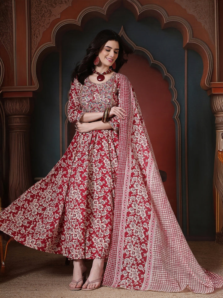 Cotton Printed Embroidered Calf Length Round Neck Anarkali Kurta, Palazzo With Dupatta Set