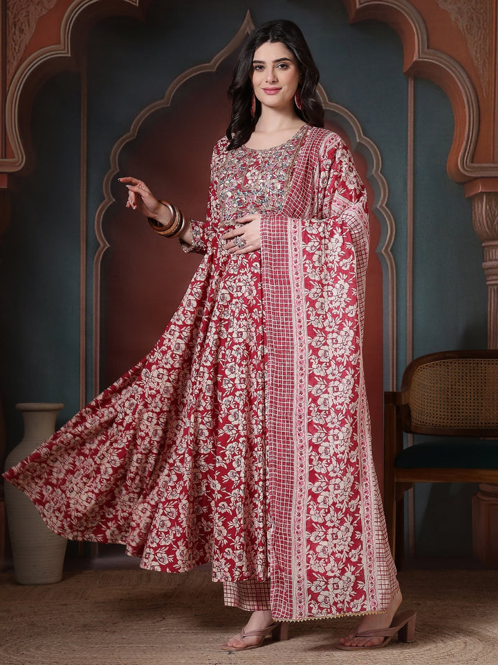 Cotton Printed Embroidered Calf Length Round Neck Anarkali Kurta, Palazzo With Dupatta Set
