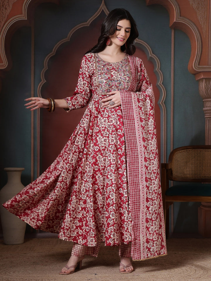Cotton Printed Embroidered Calf Length Round Neck Anarkali Kurta, Palazzo With Dupatta Set