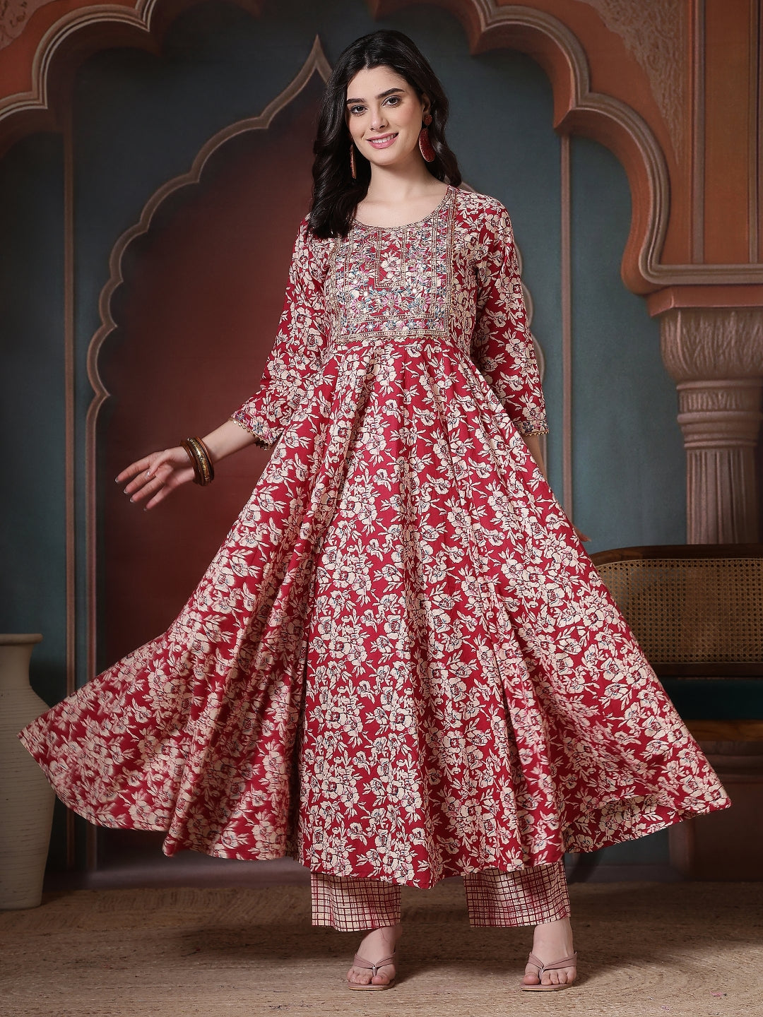 Cotton Printed Embroidered Calf Length Round Neck Anarkali Kurta, Palazzo With Dupatta Set