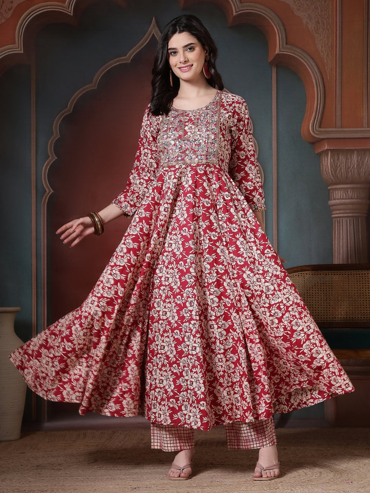 Cotton Printed Embroidered Calf Length Round Neck Anarkali Kurta, Palazzo With Dupatta Set