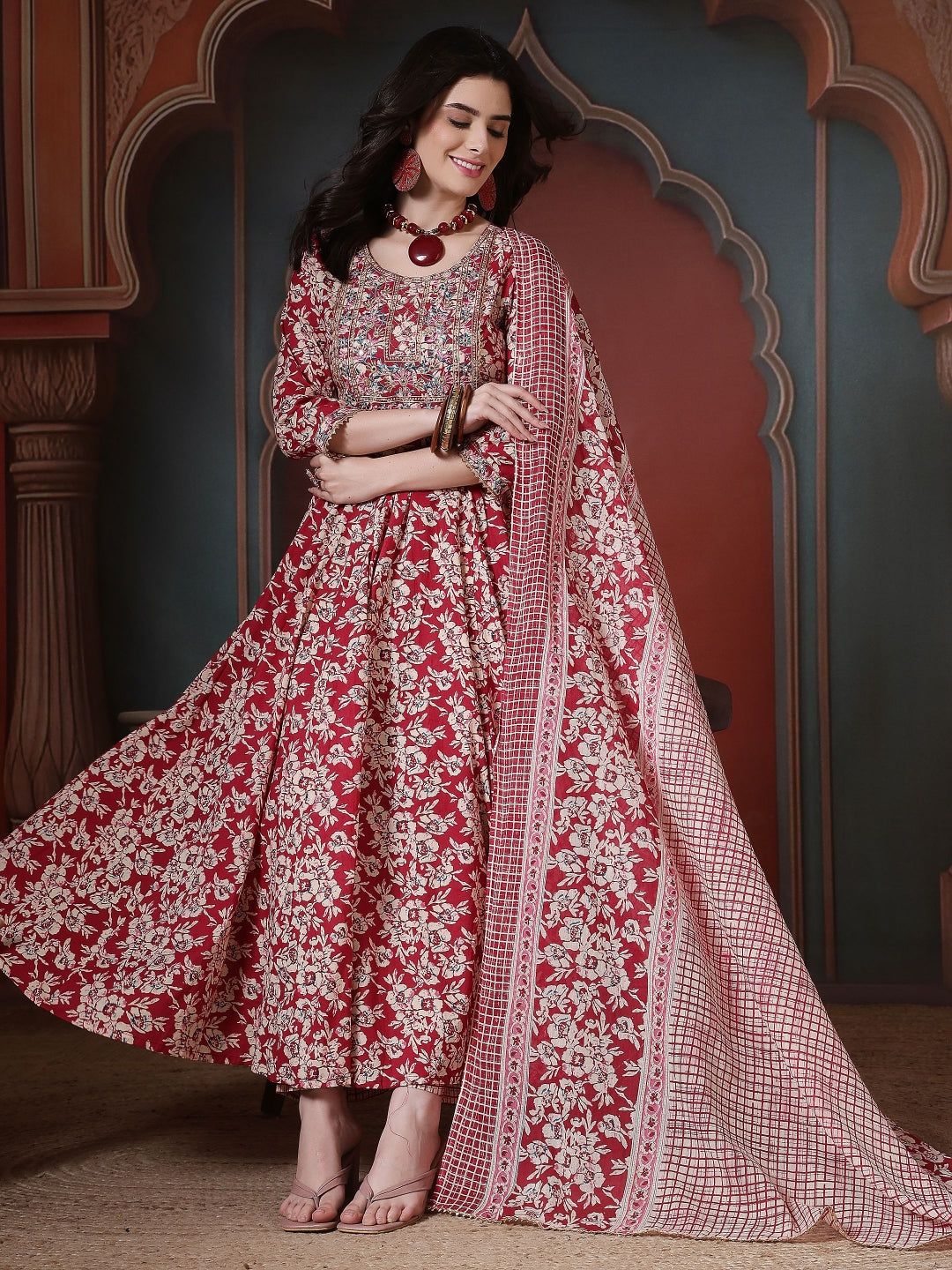 Cotton Printed Embroidered Calf Length Round Neck Anarkali Kurta, Palazzo With Dupatta Set