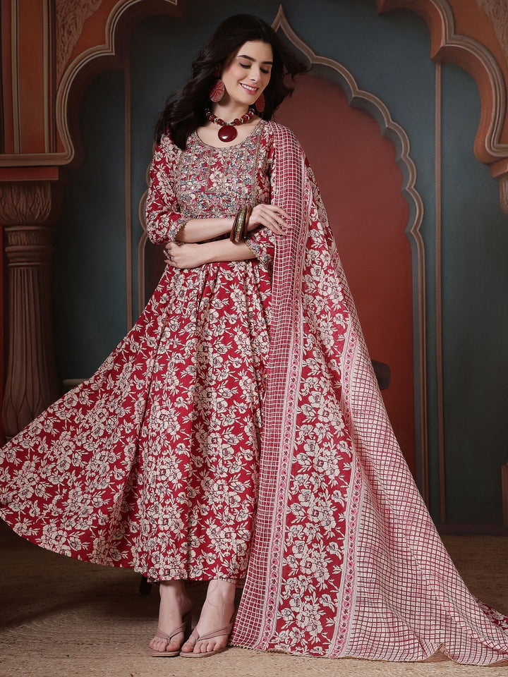 Cotton Printed Embroidered Calf Length Round Neck Anarkali Kurta, Palazzo With Dupatta Set