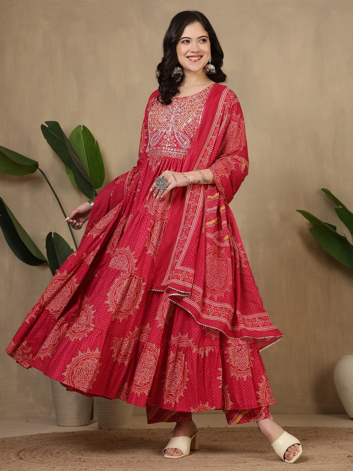 Cotton Printed Embroidered Calf Length Round Neck Anarkali Kurta, Palazzo With Dupatta Set