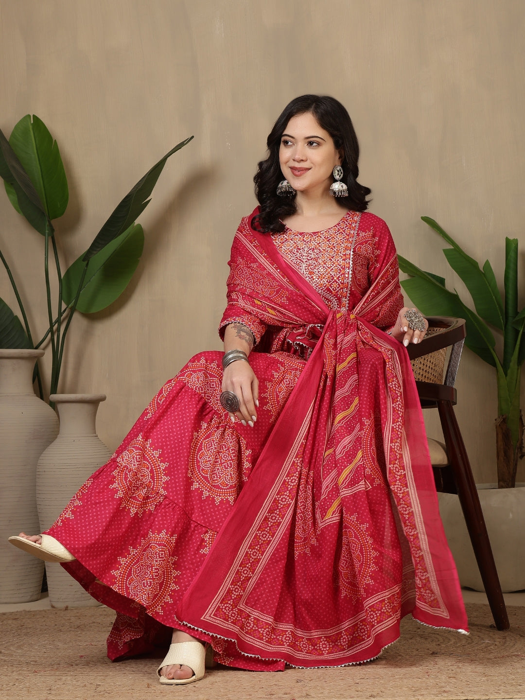 Cotton Printed Embroidered Calf Length Round Neck Anarkali Kurta, Palazzo With Dupatta Set