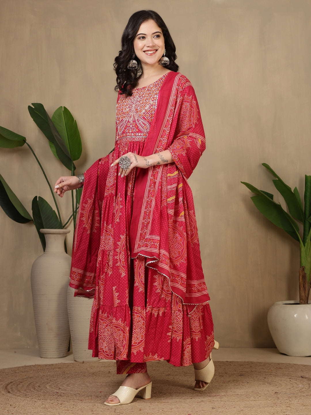 Cotton Printed Embroidered Calf Length Round Neck Anarkali Kurta, Palazzo With Dupatta Set