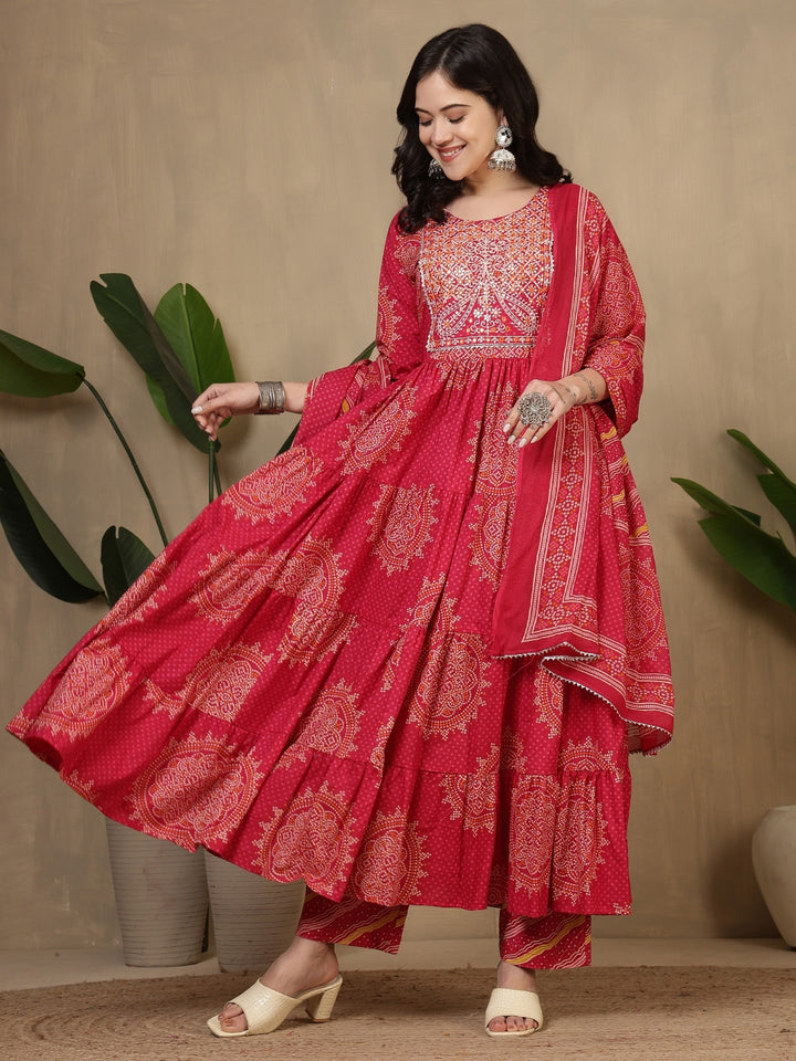 Cotton Printed Embroidered Calf Length Round Neck Anarkali Kurta, Palazzo With Dupatta Set