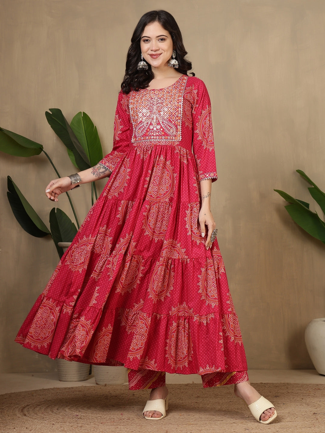 Cotton Printed Embroidered Calf Length Round Neck Anarkali Kurta, Palazzo With Dupatta Set