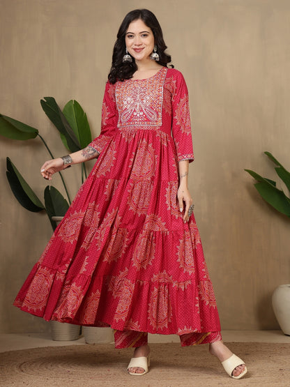Cotton Printed Embroidered Calf Length Round Neck Anarkali Kurta, Palazzo With Dupatta Set