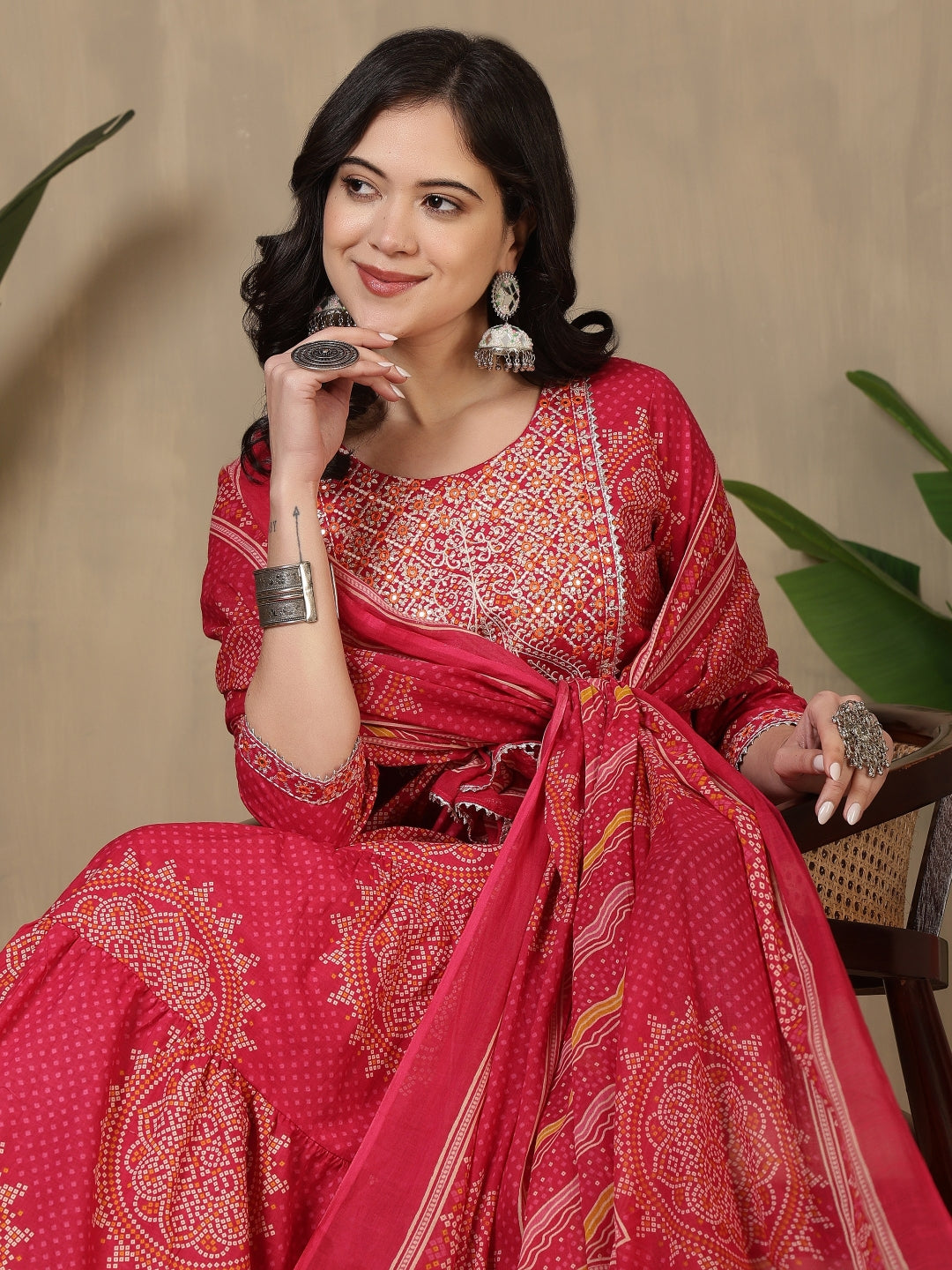 Cotton Printed Embroidered Calf Length Round Neck Anarkali Kurta, Palazzo With Dupatta Set