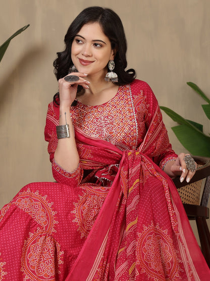 Cotton Printed Embroidered Calf Length Round Neck Anarkali Kurta, Palazzo With Dupatta Set