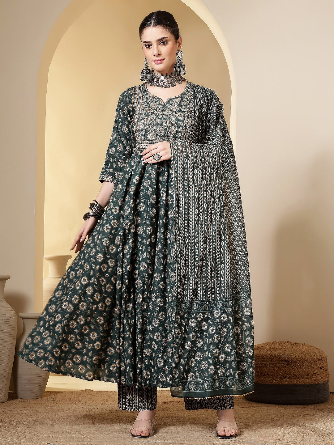 Cotton Printed Embroidered Calf Length Round Neck Anarkali Kurta, Palazzo With Dupatta Set