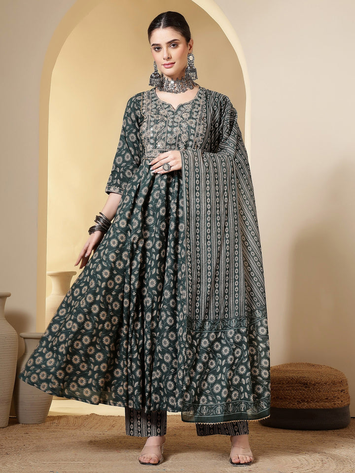 Cotton Printed Embroidered Calf Length Round Neck Anarkali Kurta, Palazzo With Dupatta Set