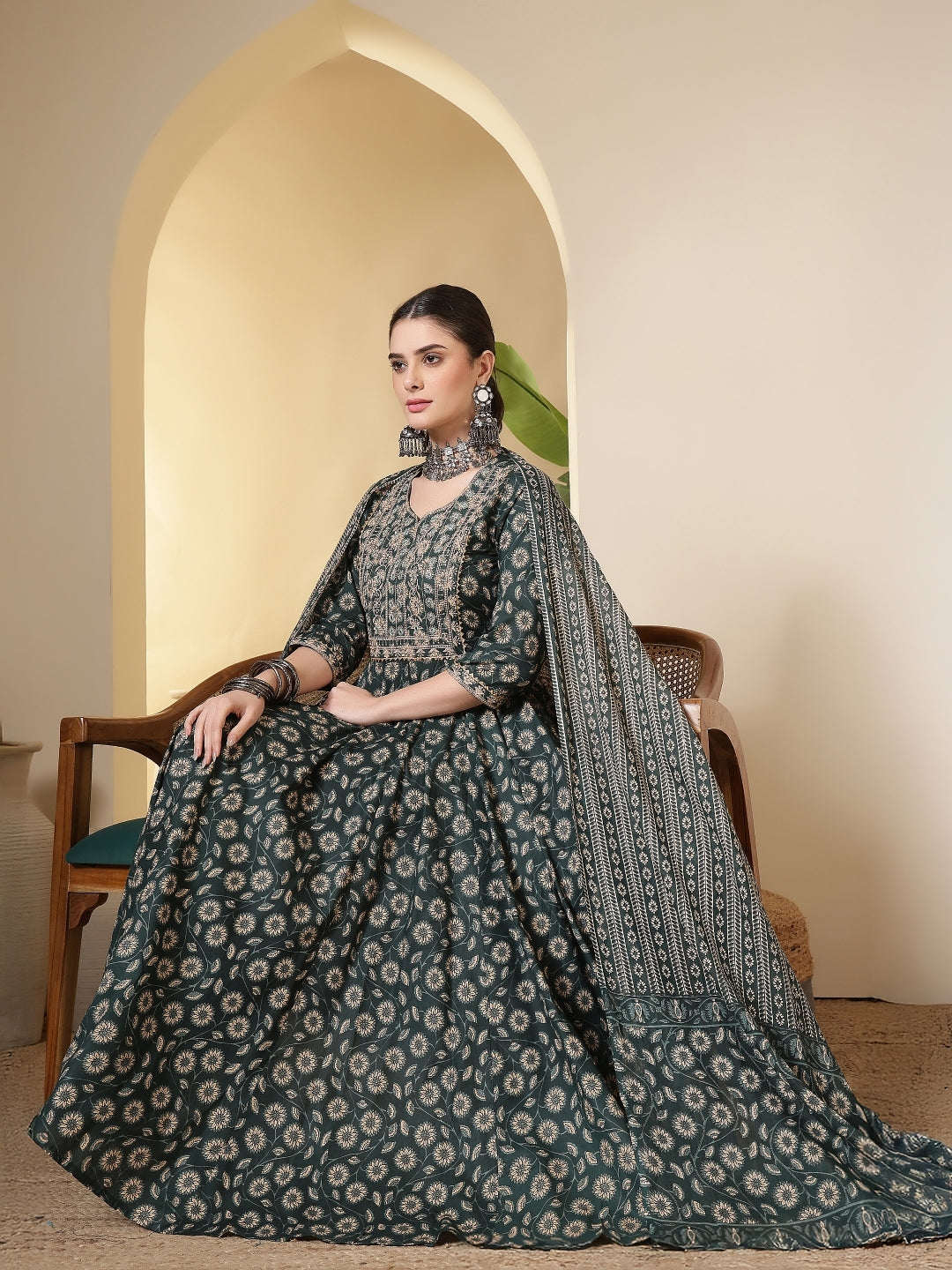 Cotton Printed Embroidered Calf Length Round Neck Anarkali Kurta, Palazzo With Dupatta Set