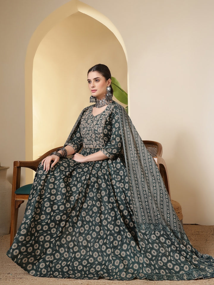 Cotton Printed Embroidered Calf Length Round Neck Anarkali Kurta, Palazzo With Dupatta Set