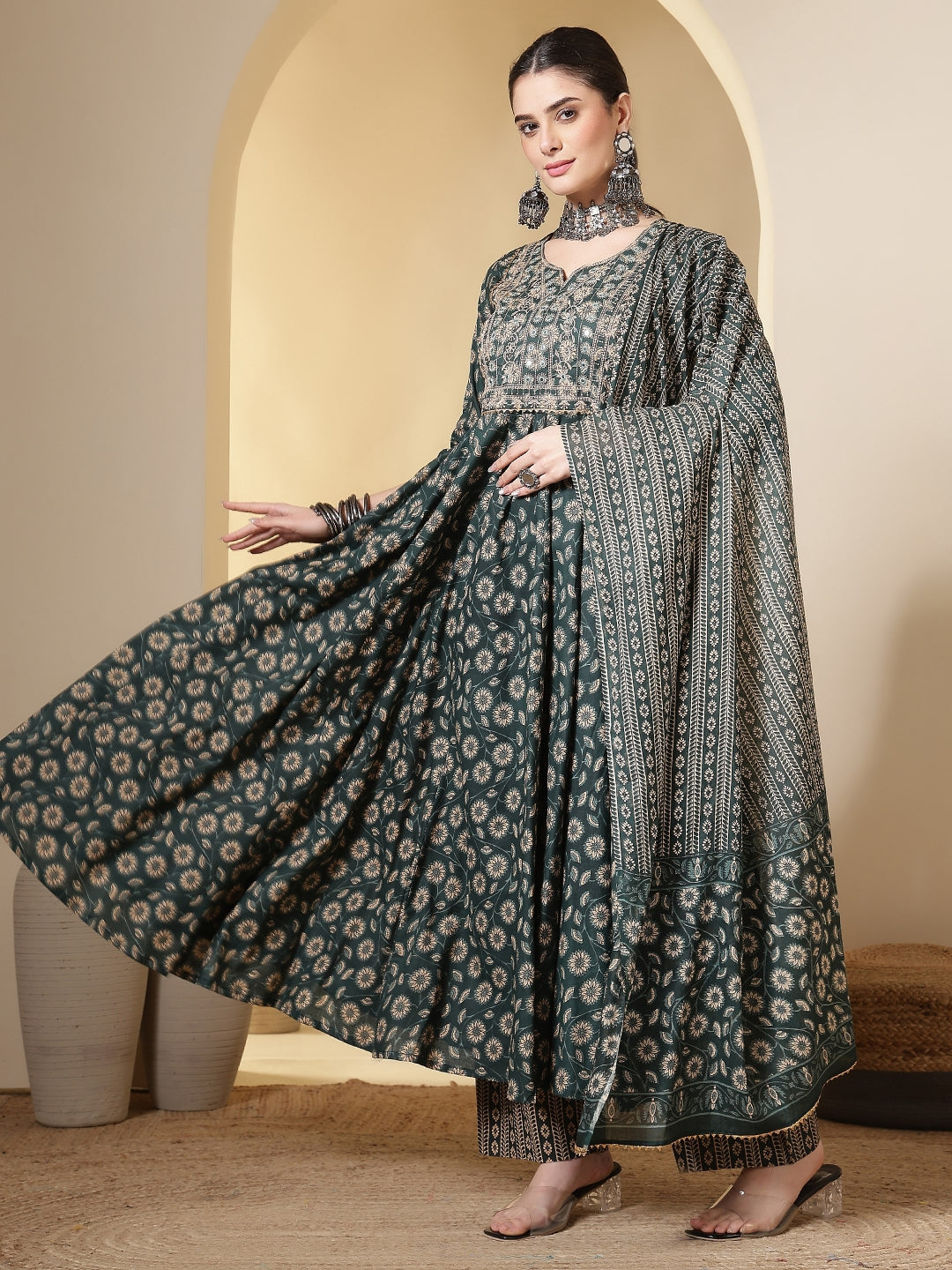 Cotton Printed Embroidered Calf Length Round Neck Anarkali Kurta, Palazzo With Dupatta Set