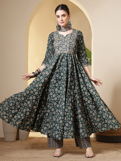 Cotton Printed Embroidered Calf Length Round Neck Anarkali Kurta, Palazzo With Dupatta Set
