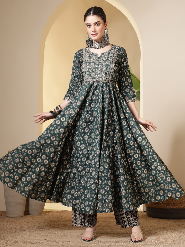 Cotton Printed Embroidered Calf Length Round Neck Anarkali Kurta, Palazzo With Dupatta Set