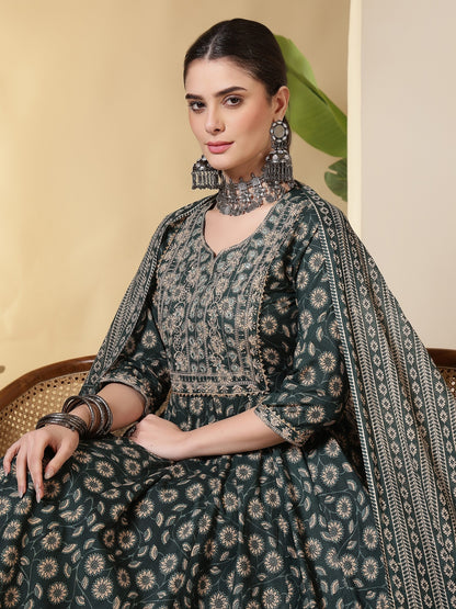 Cotton Printed Embroidered Calf Length Round Neck Anarkali Kurta, Palazzo With Dupatta Set